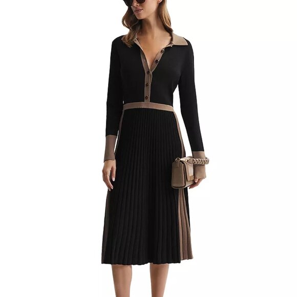 NWT REISS Mia Colorblock Knit Midi Dress Black/Tan Size XS - Picture 1 of 8